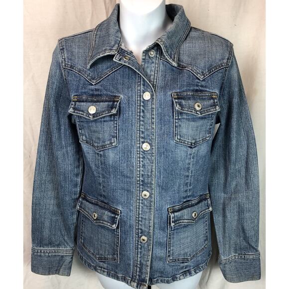 Gap Blue Jean Jacket S Snap Front Pockets Stretch Denim Grunge Trucker Western - Picture 5 of 5